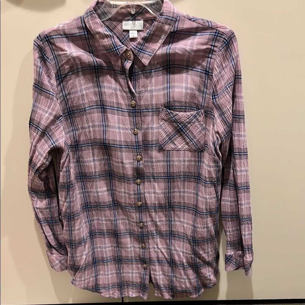 Pink and Blue Plaid Button-Up Shirt